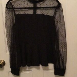 Black Sheer Dot Mesh Peplum Blouse